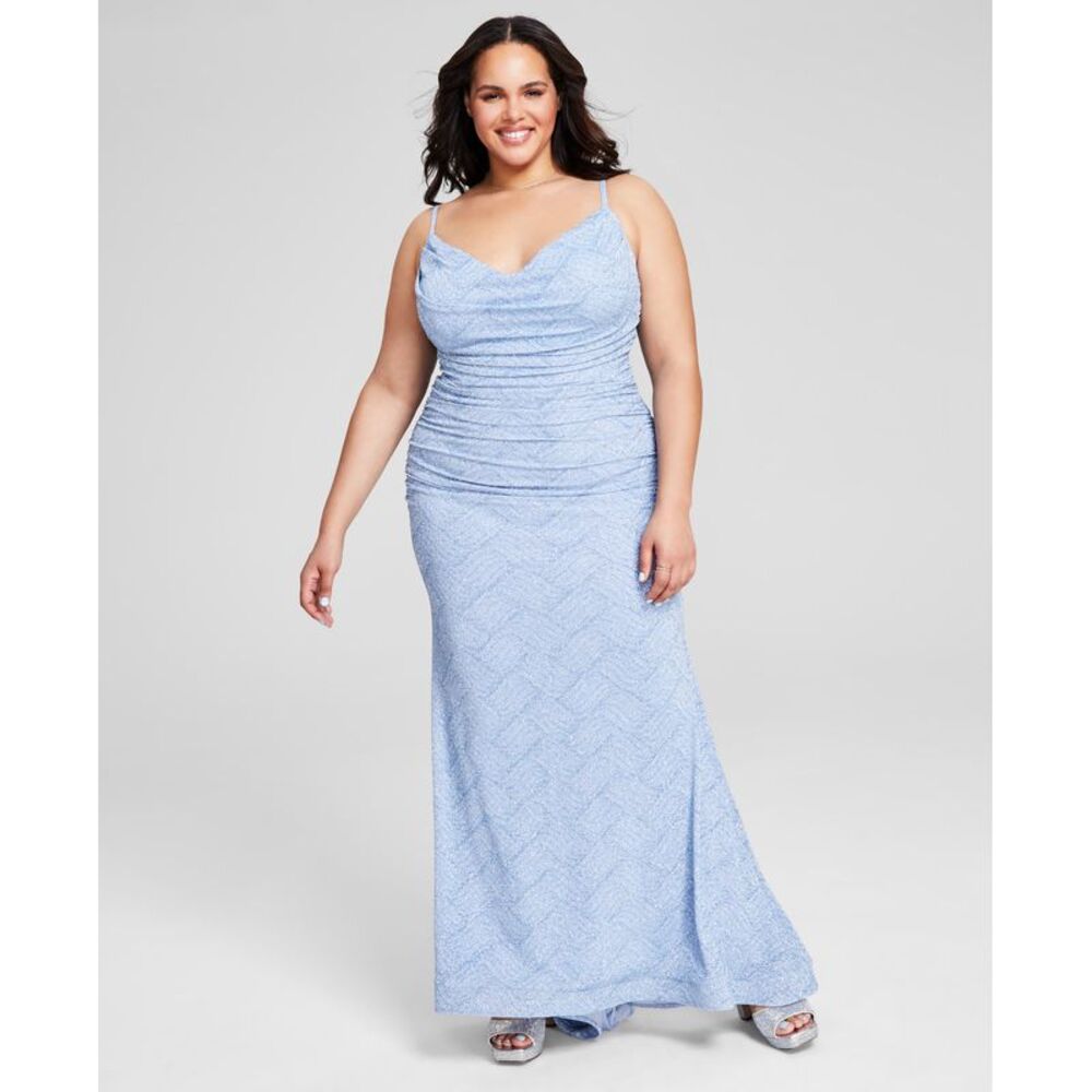B Darlin Trendy Plus Size Glitter-Knit Ruched Gown